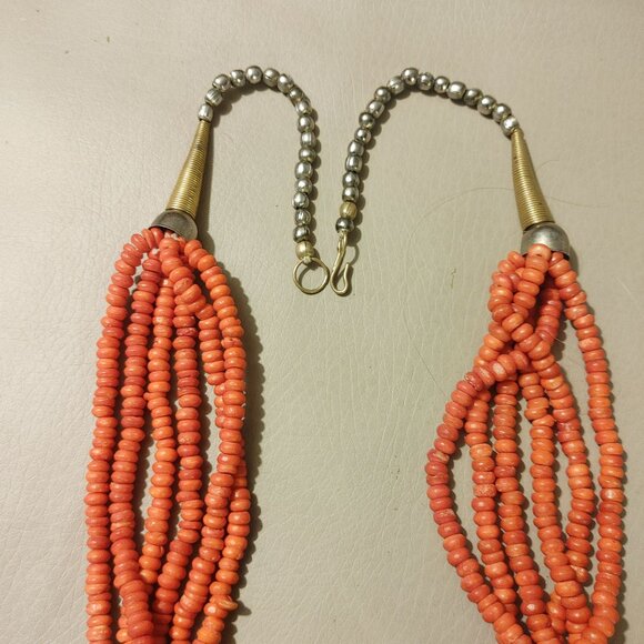 Orange Native Necklace Vintage 6 Multi Strand Glass Coral Brass Circular Pendan - Picture 7 of 11